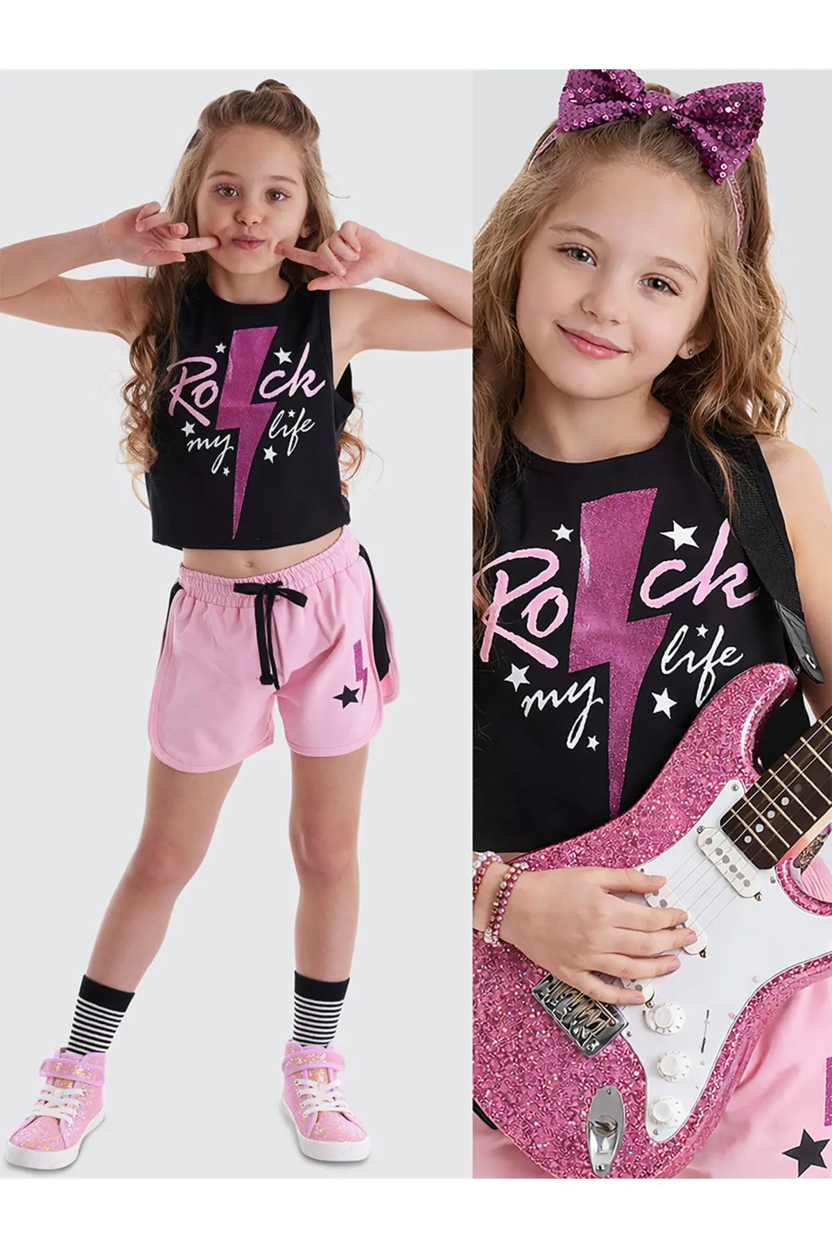 MSHB&G Rock Life Girl's Black Pink Summer Crop T-shirt Shorts Set