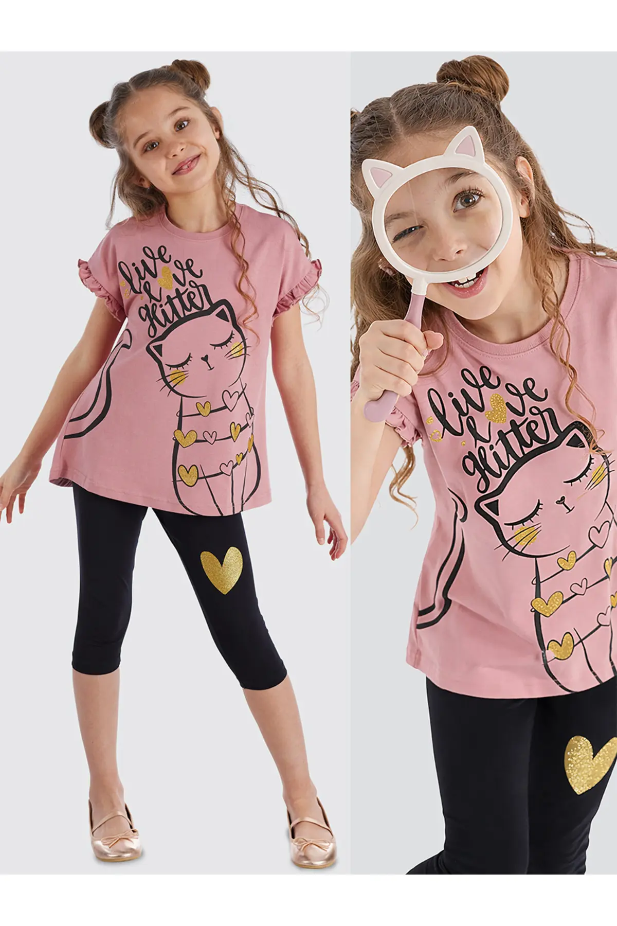 MSHB&G Frilly Love Cat Pink Black Girls' Summer T-shirt Tights Set