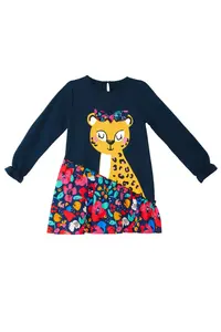 MSHB&G Floral, Leopard, Ruffled Navy Blue Girl's Dress - Image 3