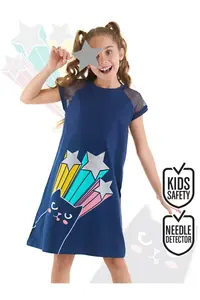 MSHB&G Cat Girl's Navy Blue Sleeve Detailed Glitter Summer Dress