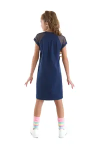 MSHB&G Cat Girl's Navy Blue Sleeve Detailed Glitter Summer Dress - Image 2