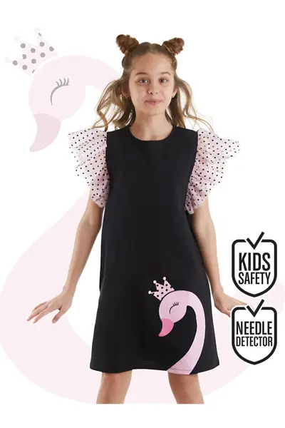 MSHB&G Swan Girl's Tulle Frilled Polka Dot Black Dress for Girls