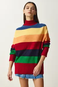 Happiness İstanbul Women's Red Block Color Striped Oversize Knitwear Sweater - Image 2