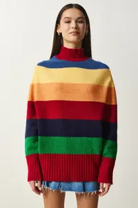 Happiness İstanbul Women's Red Block Color Striped Oversize Knitwear Sweater - Image 3