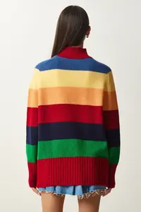 Happiness İstanbul Women's Red Block Color Striped Oversize Knitwear Sweater - Image 6