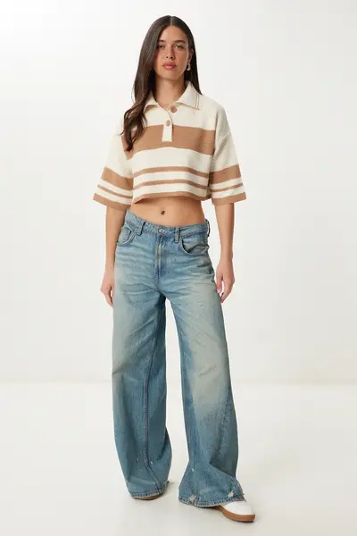 Happiness İstanbul Women Cream BEIGE Striped Crop Knitwear Sweater