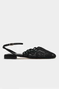Nisantasi Shoes Tracy Black Lace Detailed Arka Banded with buckle Women Flats Sandals