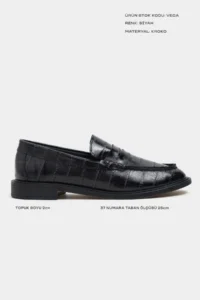 Nisantasi Shoes Vega Black Su Yolu Kroko GENUINE Leather Flat Sole Women Loafer Shoes - Image 3
