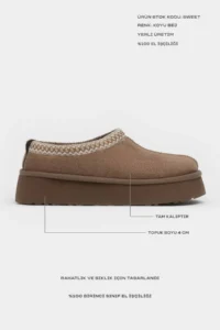 Nisantasi Shoes Sweet Dark BEIGE Suede Inside FURRY Flat Sole Sabo Home Slippers - Image 3
