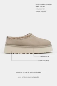 Nisantasi Shoes Sweet SAND BEIGE SUEDE FURRY Flat Sole Sabo Home Slippers - Image 3