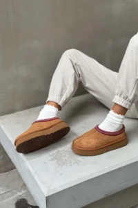 Nisantasi Shoes Sweet Tan Suede Inside FURRY Flat Sole Sabo Home Slippers - Image 3