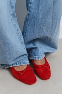 Nisantasi Shoes Esther Red SUEDE Leather Fiyonk Detailed Thick Taban Women Flats - Image 6