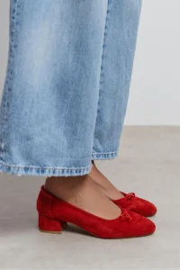 Nisantasi Shoes Esther Red SUEDE Leather Fiyonk Detailed Thick Taban Women Flats - Image 8