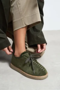 Nisantasi Shoes Lusha Khaki Suede Leather Inside FURRY lace Detailed Women Shoes