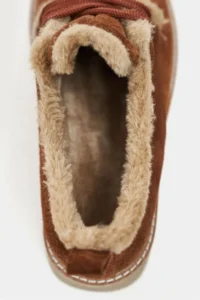 Nisantasi Shoes Lusha Tan Suede Leather Inside FURRY lace Detailed Women Shoes - Image 2