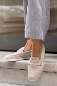 Nisantasi Shoes Aspire BEIGE GENUINE SUEDE Flat Sole Women Flats