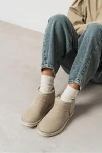 Nisantasi Shoes Mini SAND BEIGE SUEDE Half Boots with Furry Inside Flat Sole Women Shoes
