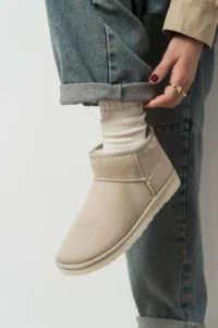 Nisantasi Shoes Mini SAND BEIGE SUEDE Half Boots with Furry Inside Flat Sole Women Shoes - Image 13