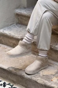 Nisantasi Shoes Mini SAND BEIGE SUEDE Half Boots with Furry Inside Flat Sole Women Shoes - Image 2