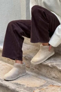 Nisantasi Shoes Mini SAND BEIGE SUEDE Half Boots with Furry Inside Flat Sole Women Shoes - Image 5