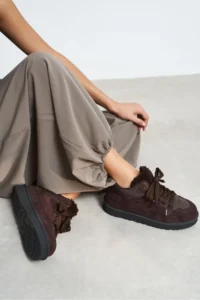 Nisantasi Shoes Lamby Brown Suede Fur Detailed Laced Thick Taban Women Boots - Image 2