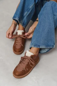 Nisantasi Shoes Lamby Tan Suede Fur Detailed Laced Thick Taban Women Boots - Image 8