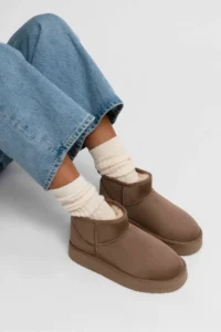 Nisantasi Shoes Mini Dark BEIGE Suede Inside FURRY Thick Sole Women Boots - Image 4