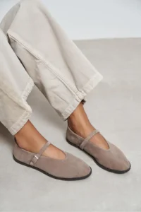 Nisantasi Shoes Nora Dark BEIGE Suede Leather Hair Clip Detailed Flat Sole Women Flats - Image 2