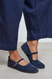 Nisantasi Shoes Jade NAVY BLUE Suede Leather Double Hair Clip Detailed Flat Sole Women Flats - Image 2
