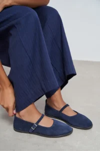 Nisantasi Shoes Jade NAVY BLUE Suede Leather Double Hair Clip Detailed Flat Sole Women Flats - Image 8