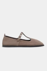 Nisantasi Shoes Mabel Dark BEIGE Drink-Dıç Suede Leather Hair Clip Detailed Flat Sole Women Flats
