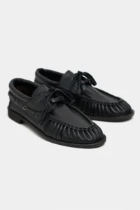Nisantasi Shoes Katy Black MATTE Leather lace Detailed Women Loafer Shoes - Image 6
