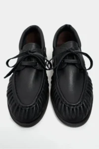 Nisantasi Shoes Katy Black MATTE Leather lace Detailed Women Loafer Shoes - Image 7