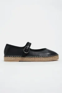 Nisantasi Shoes Cutis Black Leather Wicker Taban Detailed Women Espadrille Flats