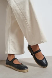 Nisantasi Shoes Cutis Black Leather Wicker Taban Detailed Women Espadrille Flats - Image 2