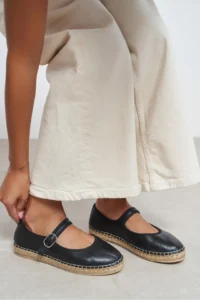 Nisantasi Shoes Cutis Black Leather Wicker Taban Detailed Women Espadrille Flats - Image 4