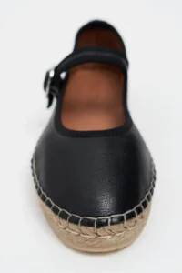 Nisantasi Shoes Cutis Black Leather Wicker Taban Detailed Women Espadrille Flats - Image 6
