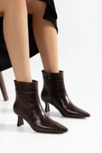 camaiore Bitter Brown Crocodile Leather Women's Special Design Heeled Boots - Image 6
