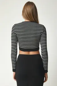 Happiness İstanbul Women Black Striped Crop Knitwear Sweater - Image 6