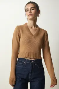 Happiness İstanbul Women Biscuit V-neck Crop Knitwear Sweater