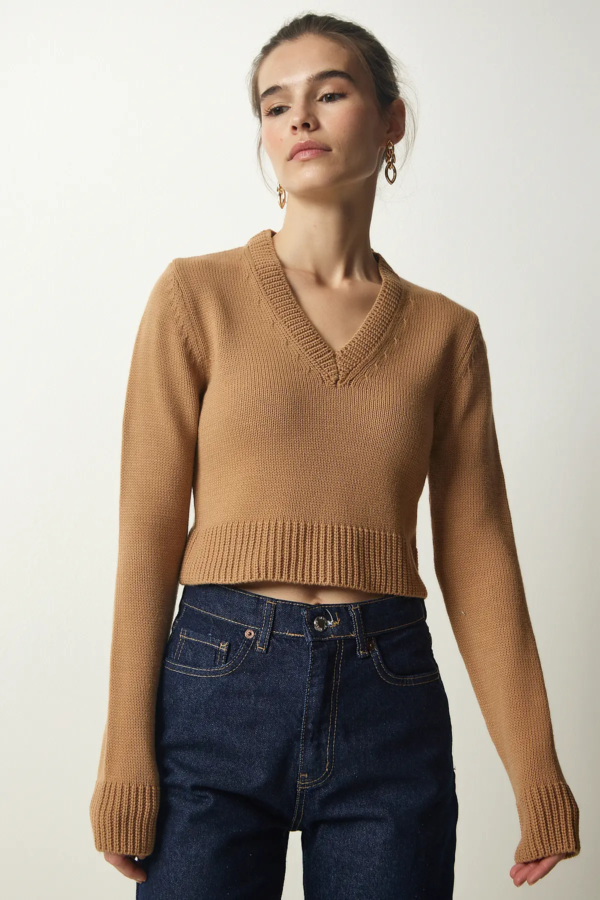 Happiness İstanbul Women Biscuit V-neck Crop Knitwear Sweater