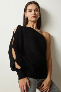 Happiness İstanbul Women's Black Window Detailed Single Sleeve Knitwear Sweater - Image 2
