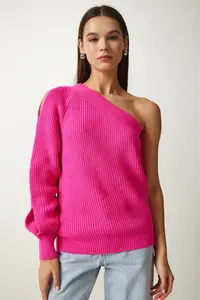 Happiness İstanbul Women's Fuchsia Window Detailed Single Sleeve Knitwear Sweater - Image 3