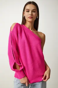 Happiness İstanbul Women's Fuchsia Window Detailed Single Sleeve Knitwear Sweater - Image 4