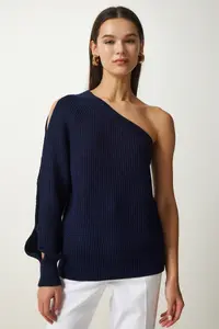 Happiness İstanbul Women's Navy Blue Window Detailed Single Sleeve Knitwear Sweater - Image 4