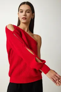 Happiness İstanbul Women's Red Window Detailed Single Sleeve Knitwear Sweater