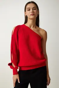 Happiness İstanbul Women's Red Window Detailed Single Sleeve Knitwear Sweater - Image 2