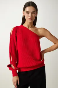 Happiness İstanbul Women's Red Window Detailed Single Sleeve Knitwear Sweater - Image 3