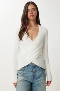 Happiness İstanbul Women's Bone Wrap Collar Seasonal Knitwear Sweater - Image 2