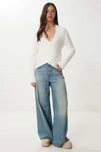 Happiness İstanbul Women's Bone Wrap Collar Seasonal Knitwear Sweater - Image 3